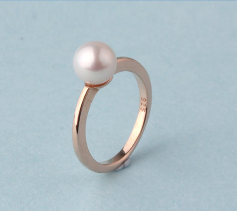 Rose Gold Plated Silver Ring with 5.5-6mm Round Shape Freshwater Pearl