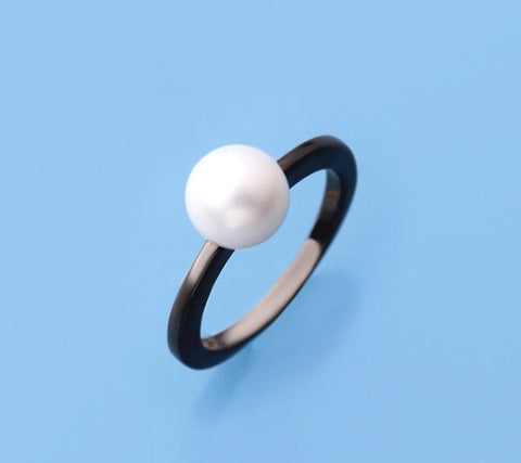 Black Plated Silver Ring with 5.5-6mm Round Shape Freshwater Pearl