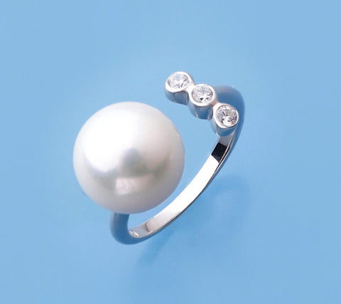 Sterling Silver Ring with 11-11.5mm Button Shape Freshwater Pearl and Cubic Zirconia