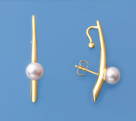 Gold Plated Silver Earrings with 7-7.5mm Button Shape Freshwater Pearl