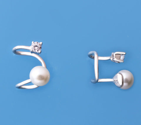 Sterling Silver Earrings cuff with 5.5-6mm Button Shape Freshwater Pearl and Cubic Zirconia