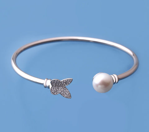 Sterling Silver Bangle with 10-10.5mm Button Shape Freshwater Pearl and Cubic Zirconia