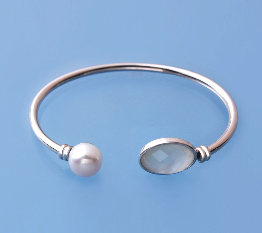 Sterling Silver Bangle with 10-10.5mm Button Shape Freshwater Pearl and Mother of Pearl - Wing Wo Hing Jewelry Group - Pearl Jewelry Manufacturer