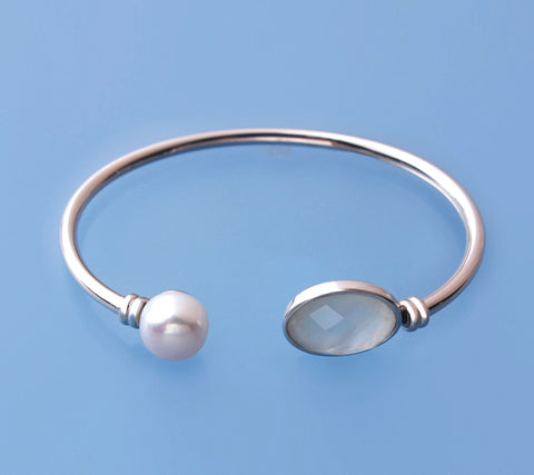 Sterling Silver Bangle with 10-10.5mm Button Shape Freshwater Pearl and Mother of Pearl
