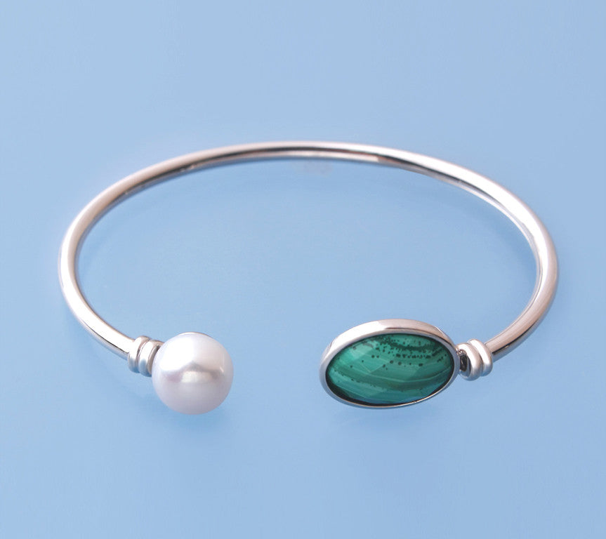 Sterling Silver Bangle with 10-10.5mm Button Shape Freshwater Pearl and Malachite - Wing Wo Hing Jewelry Group - Pearl Jewelry Manufacturer