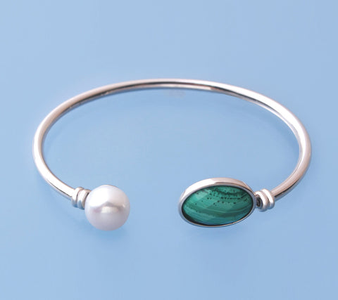 Sterling Silver Bangle with 10-10.5mm Button Shape Freshwater Pearl and Malachite