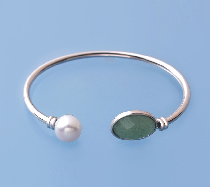 Sterling Silver Bangle with 10-10.5mm Button Shape Freshwater Pearl and Aventurine - Wing Wo Hing Jewelry Group - Pearl Jewelry Manufacturer