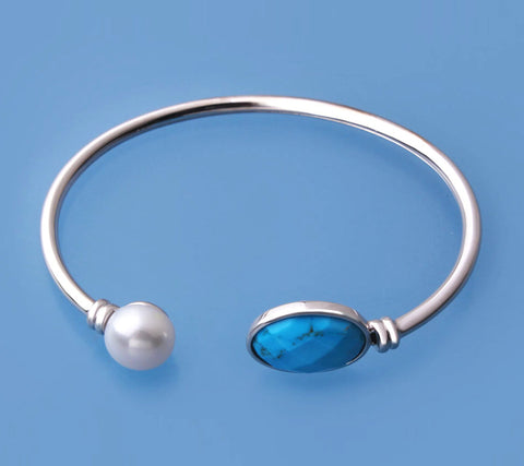 Sterling Silver Bangle with 10-10.5mm Button Shape Freshwater Pearl and Turquoise