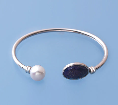 Sterling Silver Bangle with 10-10.5mm Button Shape Freshwater Pearl and Lapis Lazuli