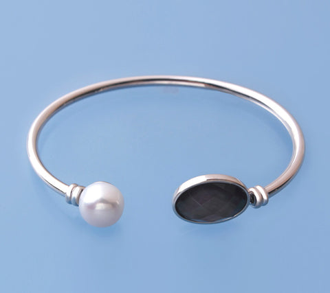 Sterling Silver Bangle with 10-10.5mm Button Shape Freshwater Pearl and Mother of Pearl
