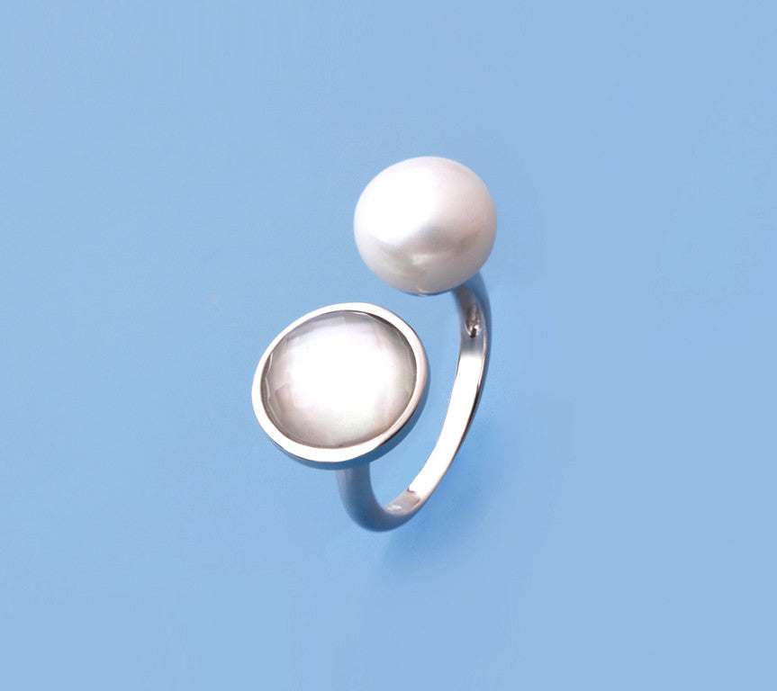 Sterling Silver Ring with 10-10.5mm Button Shape Freshwater Pearl and Mother of Pearl - Wing Wo Hing Jewelry Group - Pearl Jewelry Manufacturer