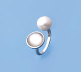 Sterling Silver Ring with 10-10.5mm Button Shape Freshwater Pearl and Mother of Pearl - Wing Wo Hing Jewelry Group - Pearl Jewelry Manufacturer