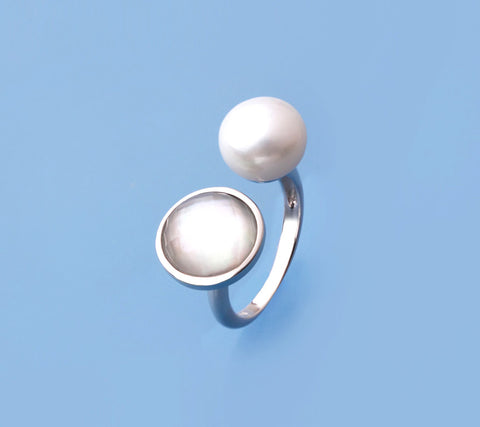 Sterling Silver Ring with 10-10.5mm Button Shape Freshwater Pearl and Mother of Pearl