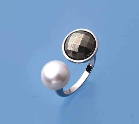 Sterling Silver Ring with 10-10.5mm Button Shape Freshwater Pearl and Yellow Hematite