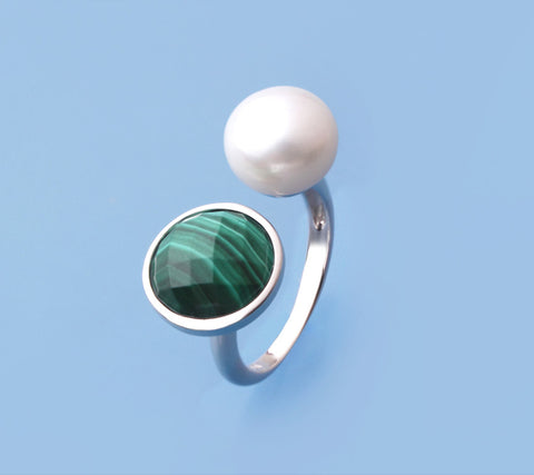 Sterling Silver Ring with 10-10.5mm Button Shape Freshwater Pearl and Malachite