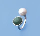 Sterling Silver Ring with 10-10.5mm Button Shape Freshwater Pearl and Aventurine - Wing Wo Hing Jewelry Group - Pearl Jewelry Manufacturer