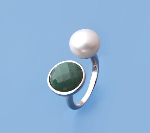 Sterling Silver Ring with 10-10.5mm Button Shape Freshwater Pearl and Aventurine