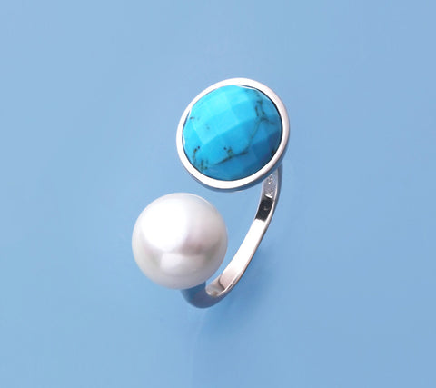 Sterling Silver Ring with 10-10.5mm Button Shape Freshwater Pearl and Turquoise