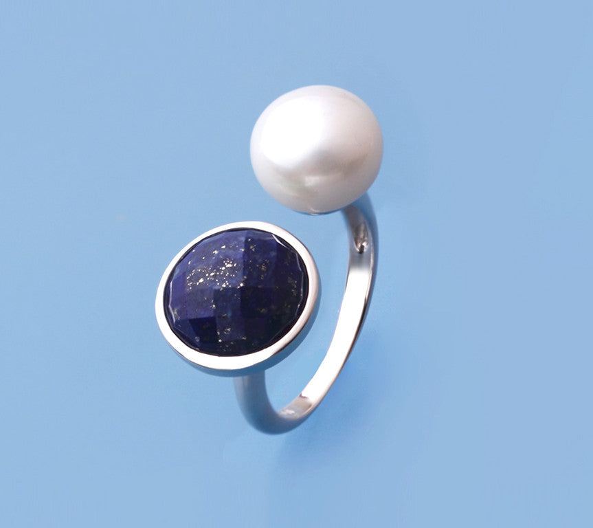 Sterling Silver Ring with 10-10.5mm Button Shape Freshwater Pearl and Lapis Lazuli - Wing Wo Hing Jewelry Group - Pearl Jewelry Manufacturer