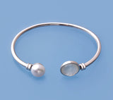 Sterling Silver Bangle with 10-10.5mm Button Shape Freshwater Pearl and Mother of Pearl - Wing Wo Hing Jewelry Group - Pearl Jewelry Manufacturer
