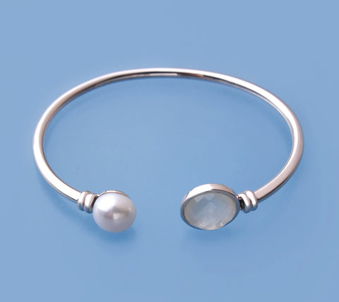 Sterling Silver Bangle with 10-10.5mm Button Shape Freshwater Pearl and Mother of Pearl