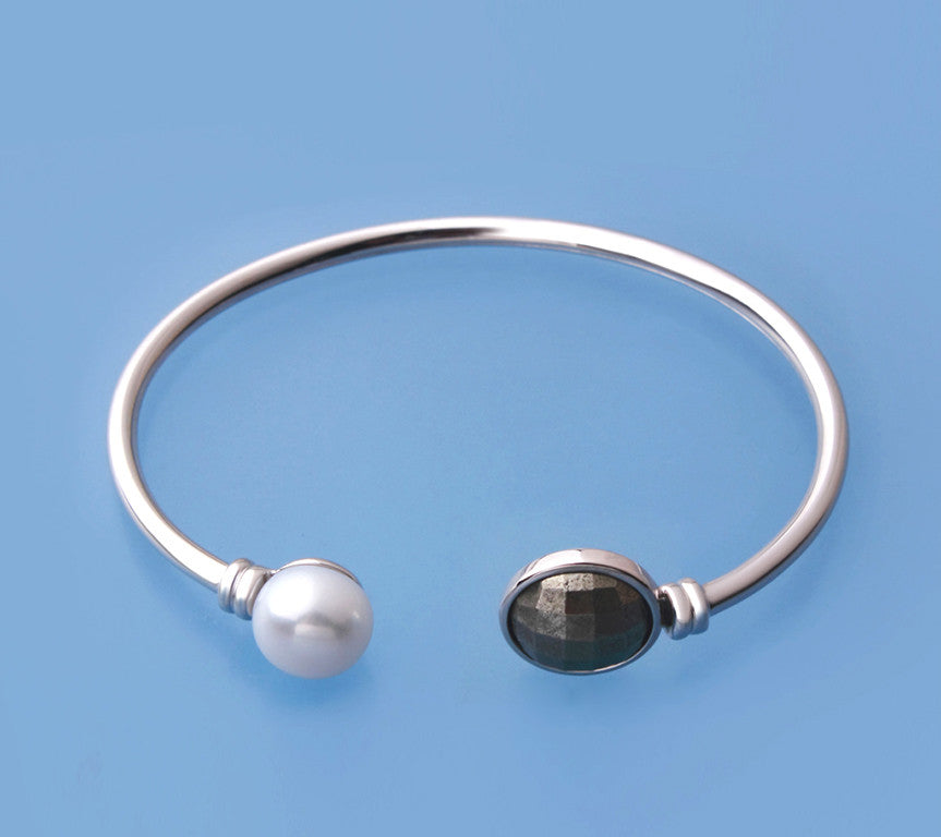 Sterling Silver Bangle with 10-10.5mm Button Shape Freshwater Pearl and Yellow Hematite - Wing Wo Hing Jewelry Group - Pearl Jewelry Manufacturer