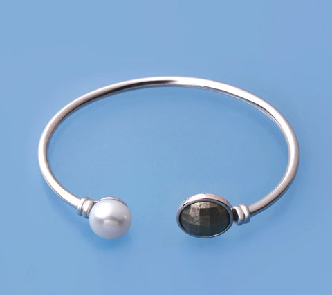 Sterling Silver Bangle with 10-10.5mm Button Shape Freshwater Pearl and Yellow Hematite
