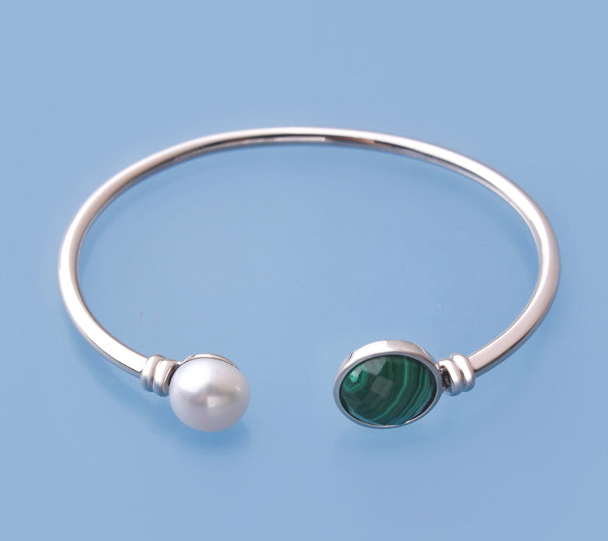 Sterling Silver Bangle with 10-10.5mm Button Shape Freshwater Pearl and Malachite - Wing Wo Hing Jewelry Group - Pearl Jewelry Manufacturer