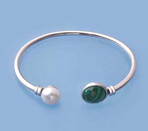 Sterling Silver Bangle with 10-10.5mm Button Shape Freshwater Pearl and Malachite