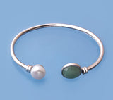 Sterling Silver Bangle with 10-10.5mm Button Shape Freshwater Pearl and Aventurine - Wing Wo Hing Jewelry Group - Pearl Jewelry Manufacturer