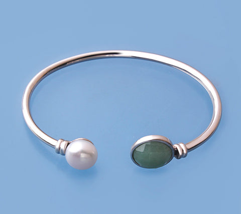 Sterling Silver Bangle with 10-10.5mm Button Shape Freshwater Pearl and Aventurine