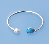 Sterling Silver Bangle with 10-10.5mm Button Shape Freshwater Pearl and Turquoise - Wing Wo Hing Jewelry Group - Pearl Jewelry Manufacturer