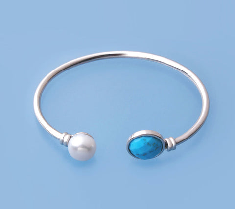 Sterling Silver Bangle with 10-10.5mm Button Shape Freshwater Pearl and Turquoise