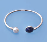 Sterling Silver Bangle with 10-10.5mm Button Shape Freshwater Pearl and Lapis Lazuli - Wing Wo Hing Jewelry Group - Pearl Jewelry Manufacturer