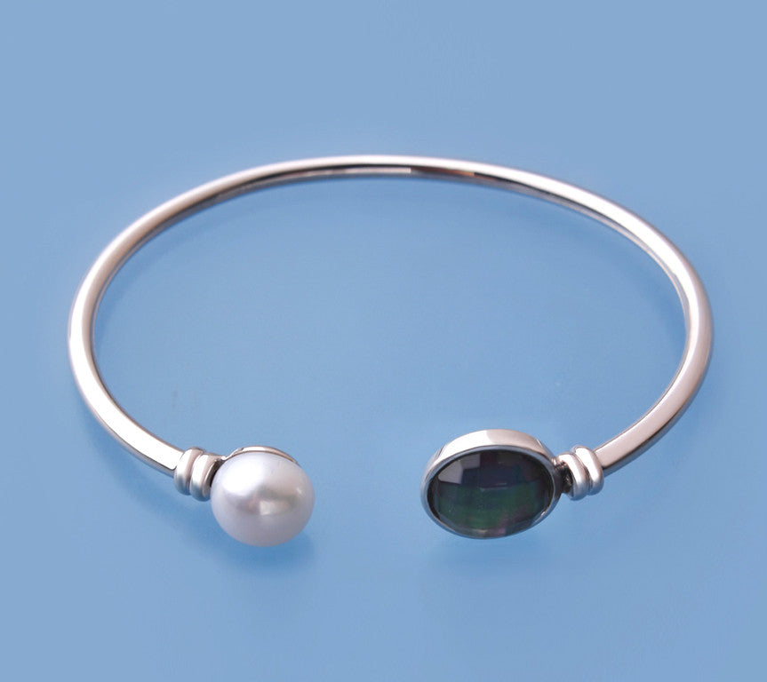 Sterling Silver Bangle with 10-10.5mm Button Shape Freshwater Pearl and Mother of Pearl - Wing Wo Hing Jewelry Group - Pearl Jewelry Manufacturer