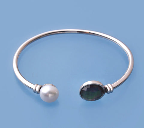 Sterling Silver Bangle with 10-10.5mm Button Shape Freshwater Pearl and Mother of Pearl