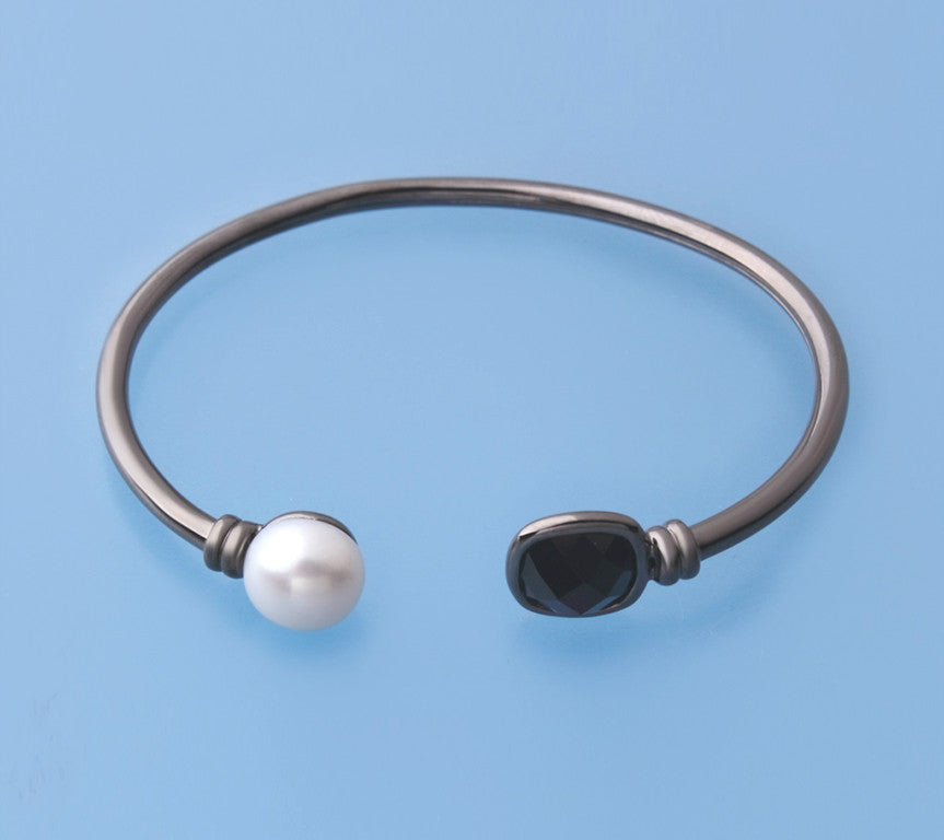 Black Plated Silver Bangle with 10-10.5mm Button Shape Freshwater Pearl and Black Spinel - Wing Wo Hing Jewelry Group - Pearl Jewelry Manufacturer