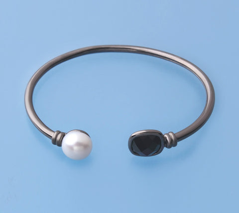 Black Plated Silver Bangle with 10-10.5mm Button Shape Freshwater Pearl and Black Spinel