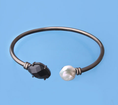 Black Plated Silver Bangle with 10-13mm Baroque Shape Freshwater Pearl and Black Spinel