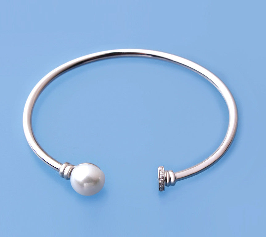Sterling Silver Bangle with 10mm Button Shape Freshwater Pearl and Cubic Zirconia - Wing Wo Hing Jewelry Group - Pearl Jewelry Manufacturer