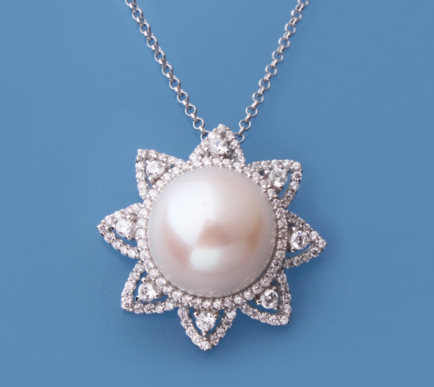 Sterling Silver Pendant with 13.5-14mm Button Shape Freshwater Pearl and Cubic Zirconia - Wing Wo Hing Jewelry Group - Pearl Jewelry Manufacturer