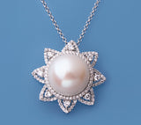 Sterling Silver Pendant with 13.5-14mm Button Shape Freshwater Pearl and Cubic Zirconia - Wing Wo Hing Jewelry Group - Pearl Jewelry Manufacturer