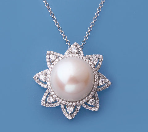 Sterling Silver Pendant with 13.5-14mm Button Shape Freshwater Pearl and Cubic Zirconia