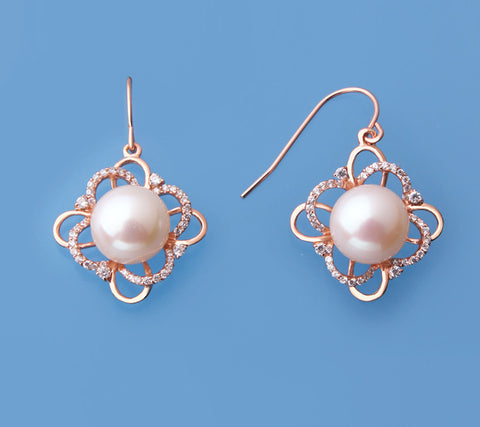 Rose Gold Plated Silver Earrings with 10-10.5mm Button Shape Freshwater Pearl and Cubic Zirconia