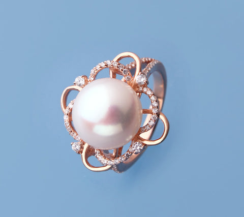 Rose Gold Plated Silver Ring with 12-12.5mm Button Shape Freshwater Pearl and Cubic Zirconia