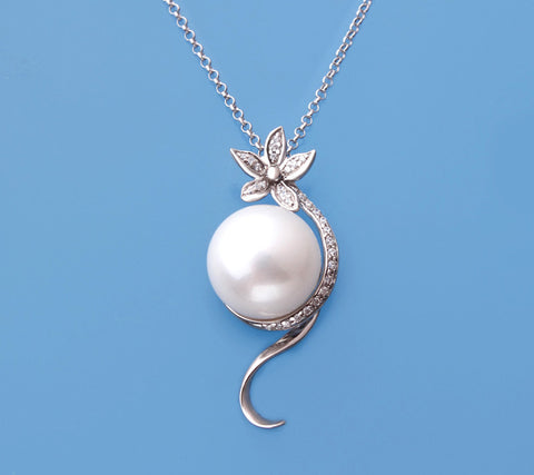 Sterling Silver Pendant with 12.5-13mm Button Shape Freshwater Pearl and Cubic Zirconia