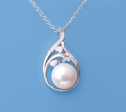 Sterling Silver Pendant with 12-12.5mm Button Shape Freshwater Pearl and Cubic Zirconia