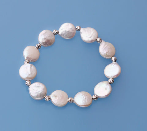 Sterling Silver Bracelet with 11-12mm Coin Shape Freshwater Pearl and Silver Ball