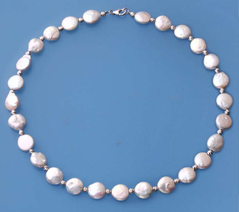 Sterling Silver Necklace with 11-12mm Coin Shape Freshwater Pearl and Silver Ball - Wing Wo Hing Jewelry Group - Pearl Jewelry Manufacturer