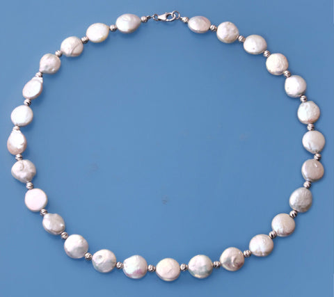 Sterling Silver Necklace with 11-12mm Coin Shape Freshwater Pearl and Silver Ball